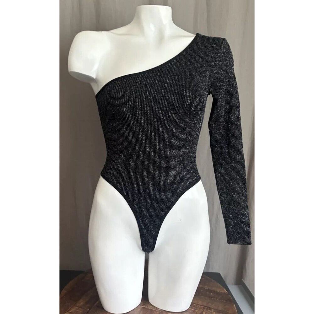 Urban Outfitters BDG NWT Sparkly Silver Glitter One Shoulder Black Bodysuit